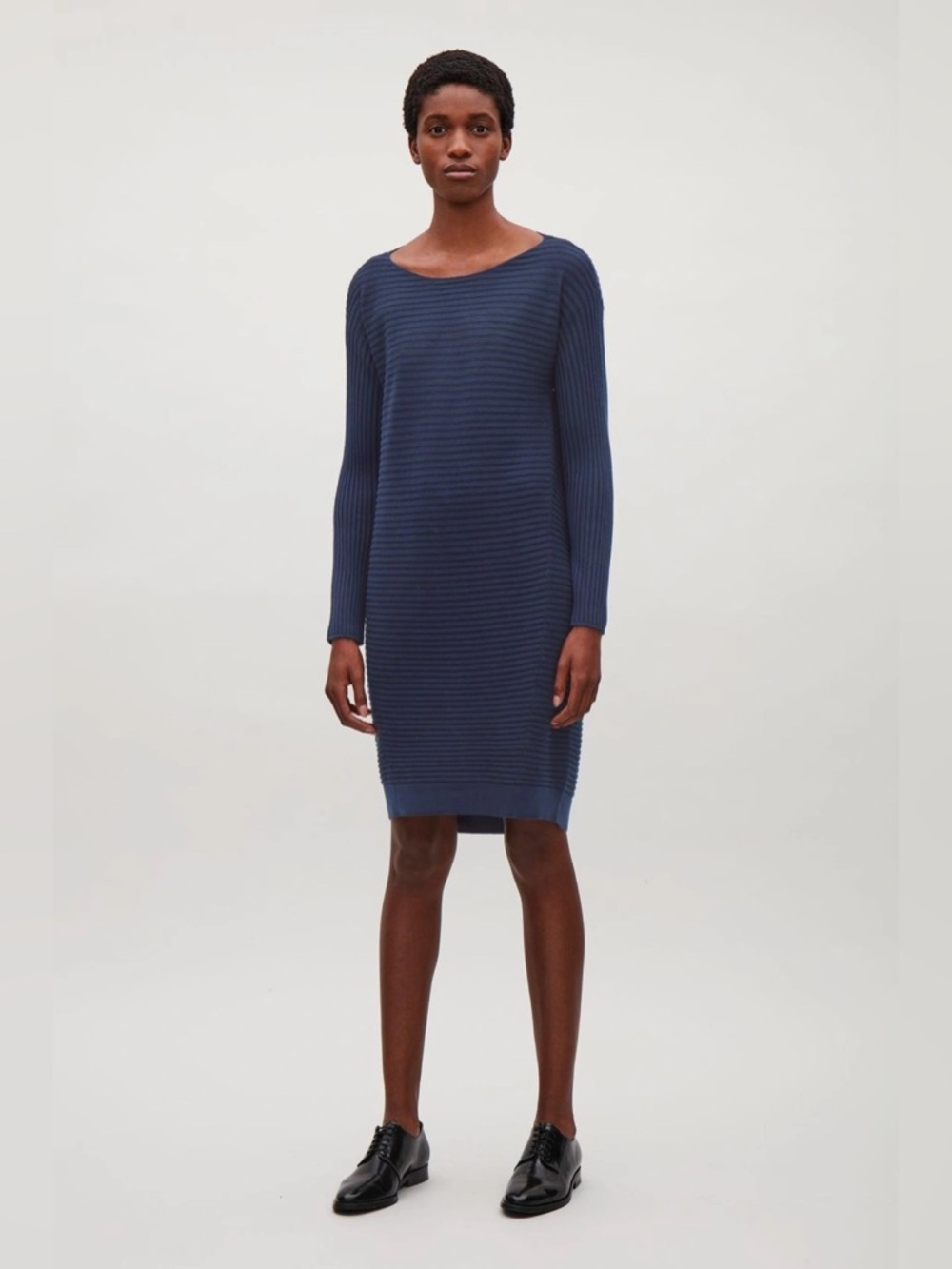 COS Merino Wool Navy Ribbed Long-Sleeve Dress XS